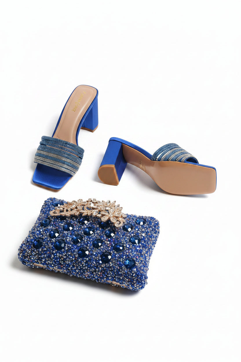 💙 Women’s Blue Heeled Sandals (Size 37) & Matching Gemstone Clutch Set – Worn Twice, Excellent Condition