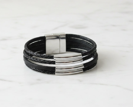 Multi-Strand Black Leather Bracelet with Silver Tube Accents