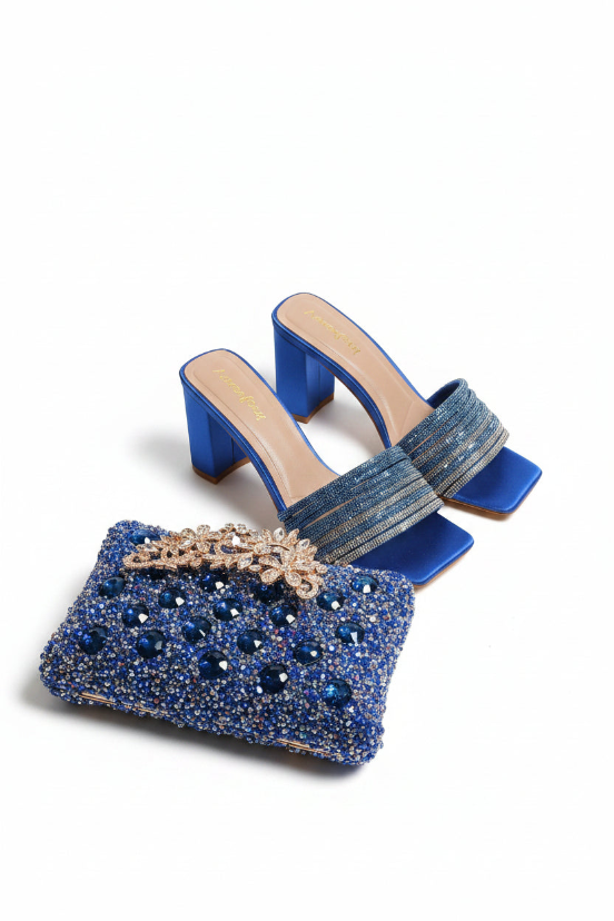 💙 Women’s Blue Heeled Sandals (Size 37) & Matching Gemstone Clutch Set – Worn Twice, Excellent Condition