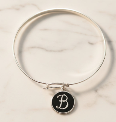Silver Bangle Bracelet with Initial Letter Charm