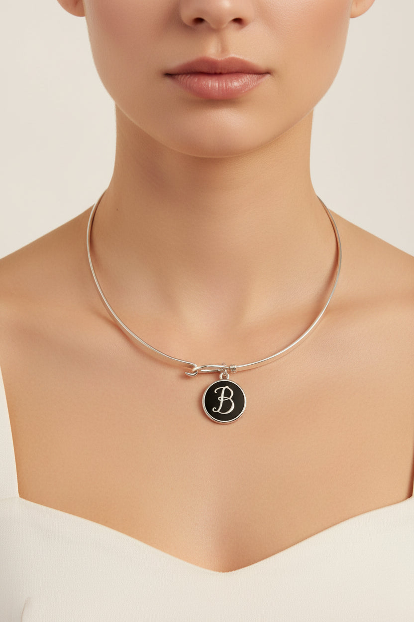 Silver Bangle Bracelet with Initial Letter Charm