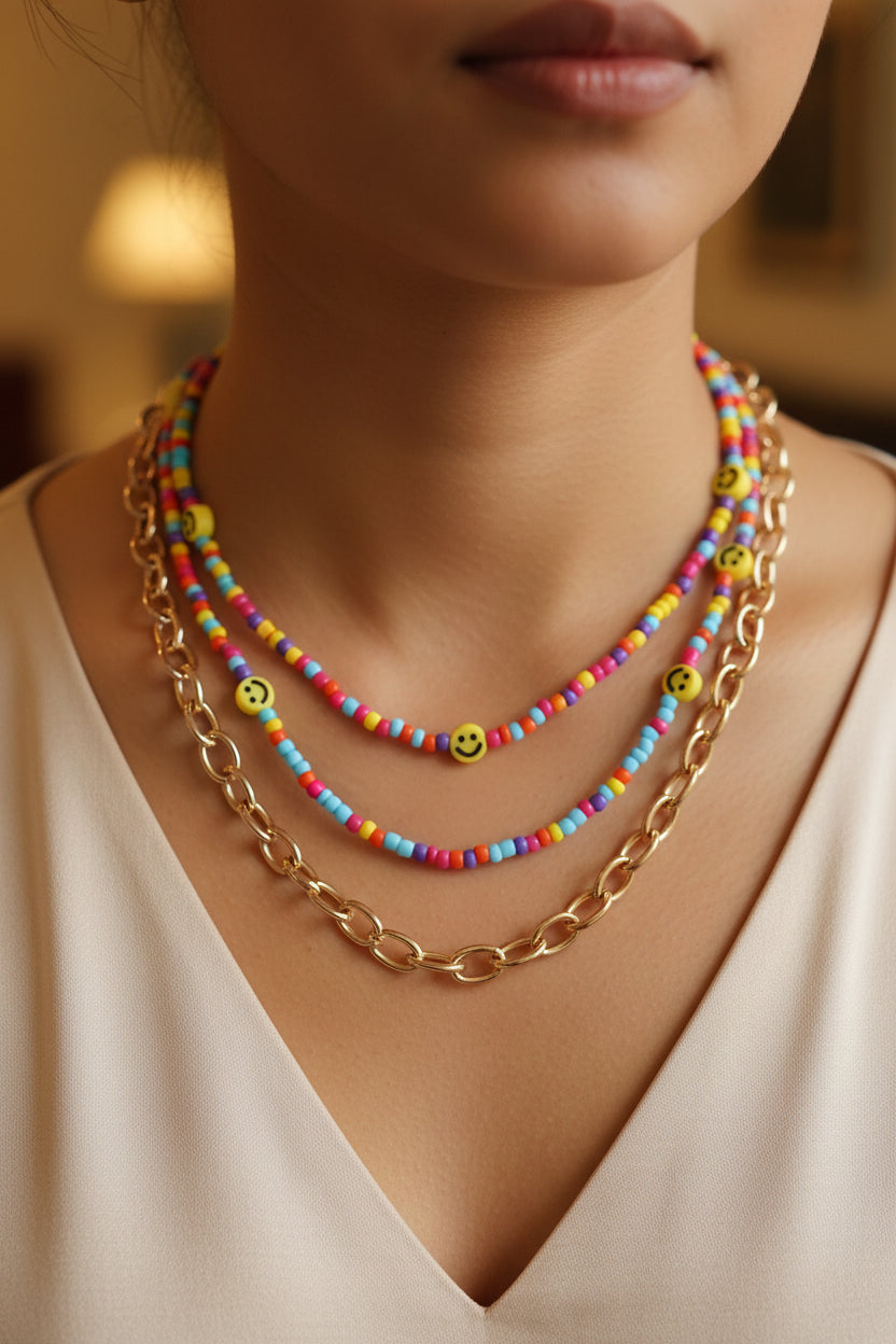 3-Layer Smiley Face Bead & Gold Chain Necklace Set