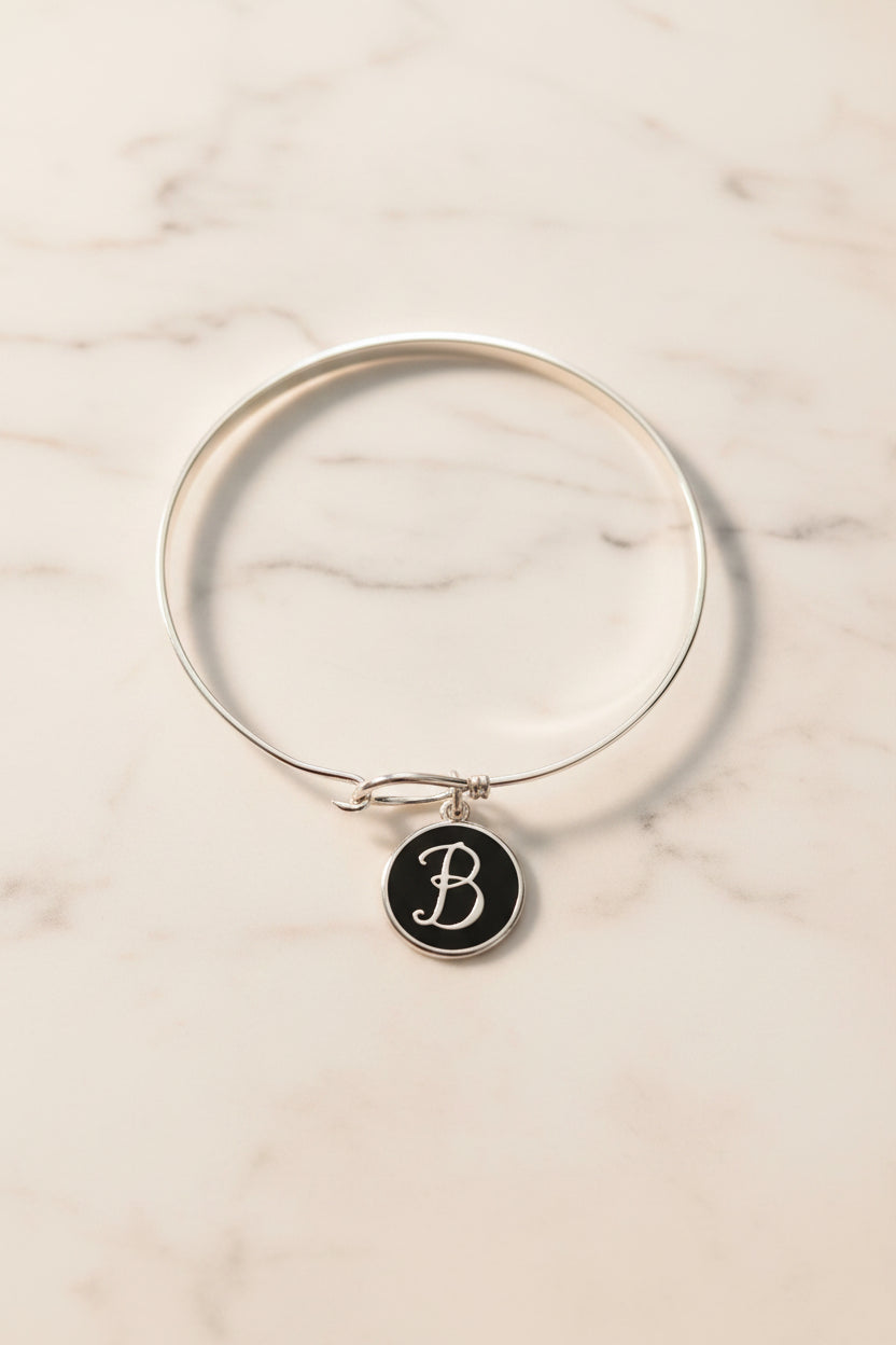 Silver Bangle Bracelet with Initial Letter Charm