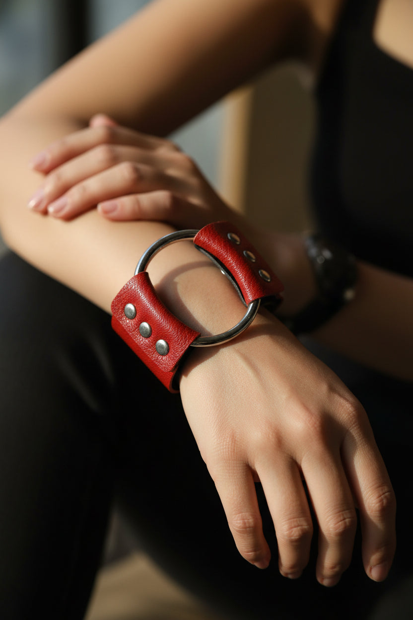 Paparazzi Red Leather Cuff Bracelet with Silver D-Ring