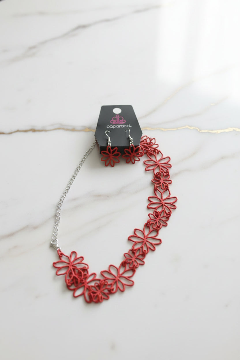 Paparazzi Red Flower Filigree Necklace & Earring Set