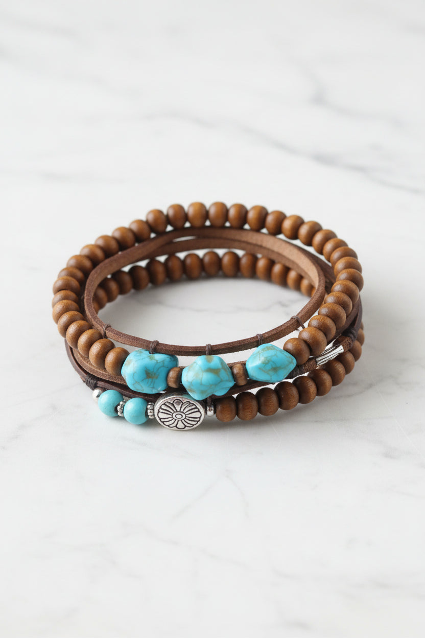 3-Piece Boho Bracelet Set – Wood, Leather & Turquoise