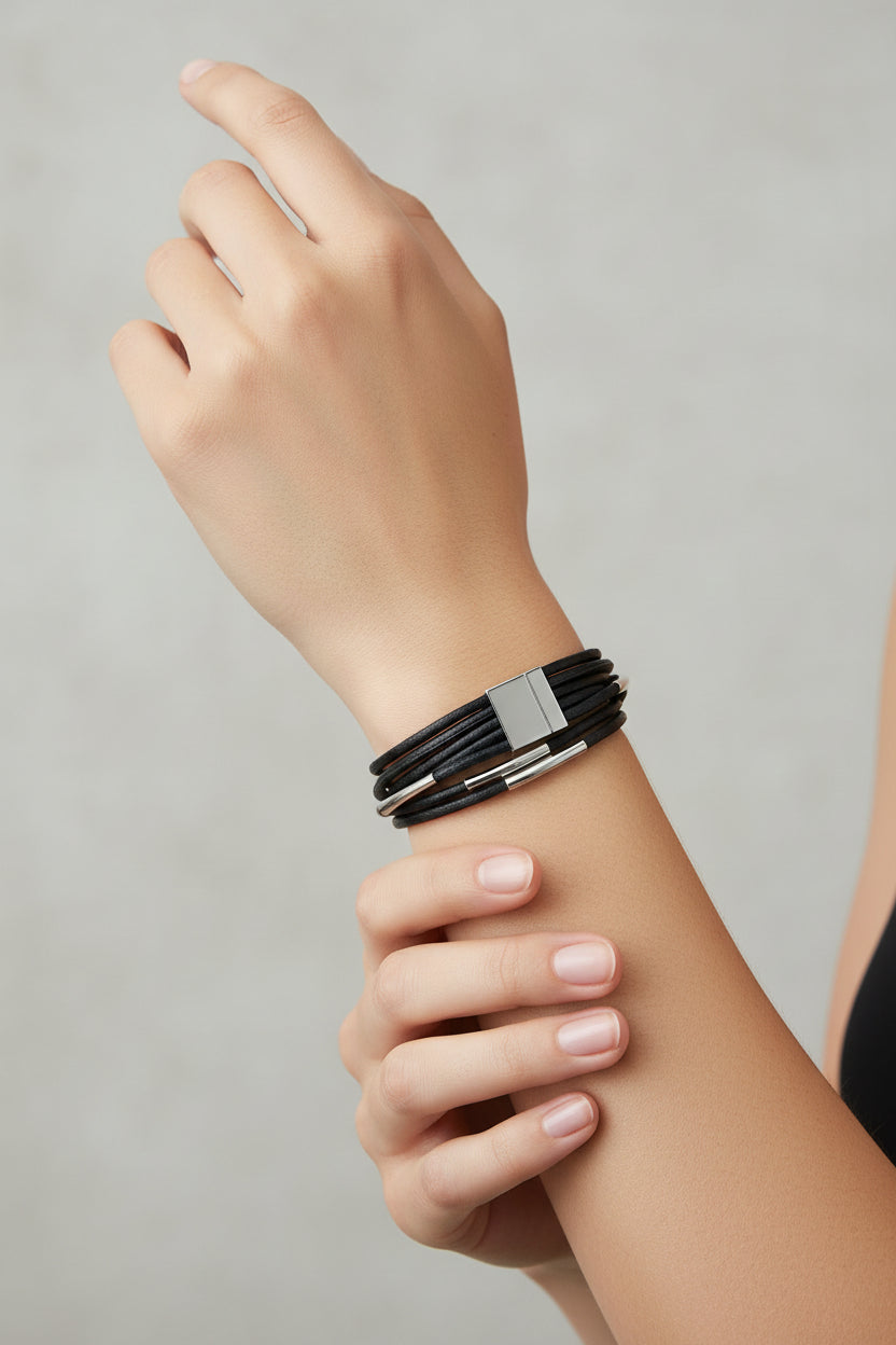 Multi-Strand Black Leather Bracelet with Silver Tube Accents