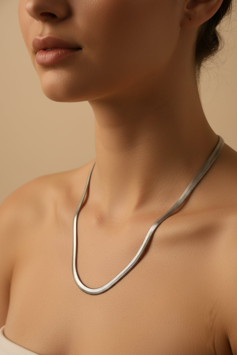 Thick Silver Herringbone Snake Chain Necklace