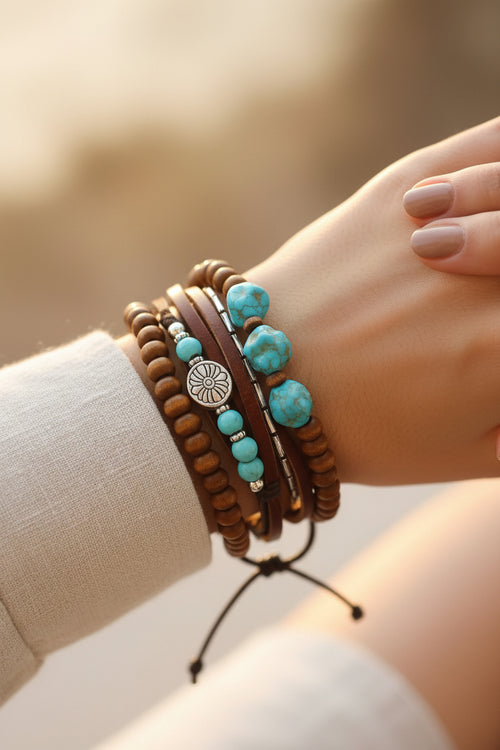 3-Piece Boho Bracelet Set – Wood, Leather & Turquoise