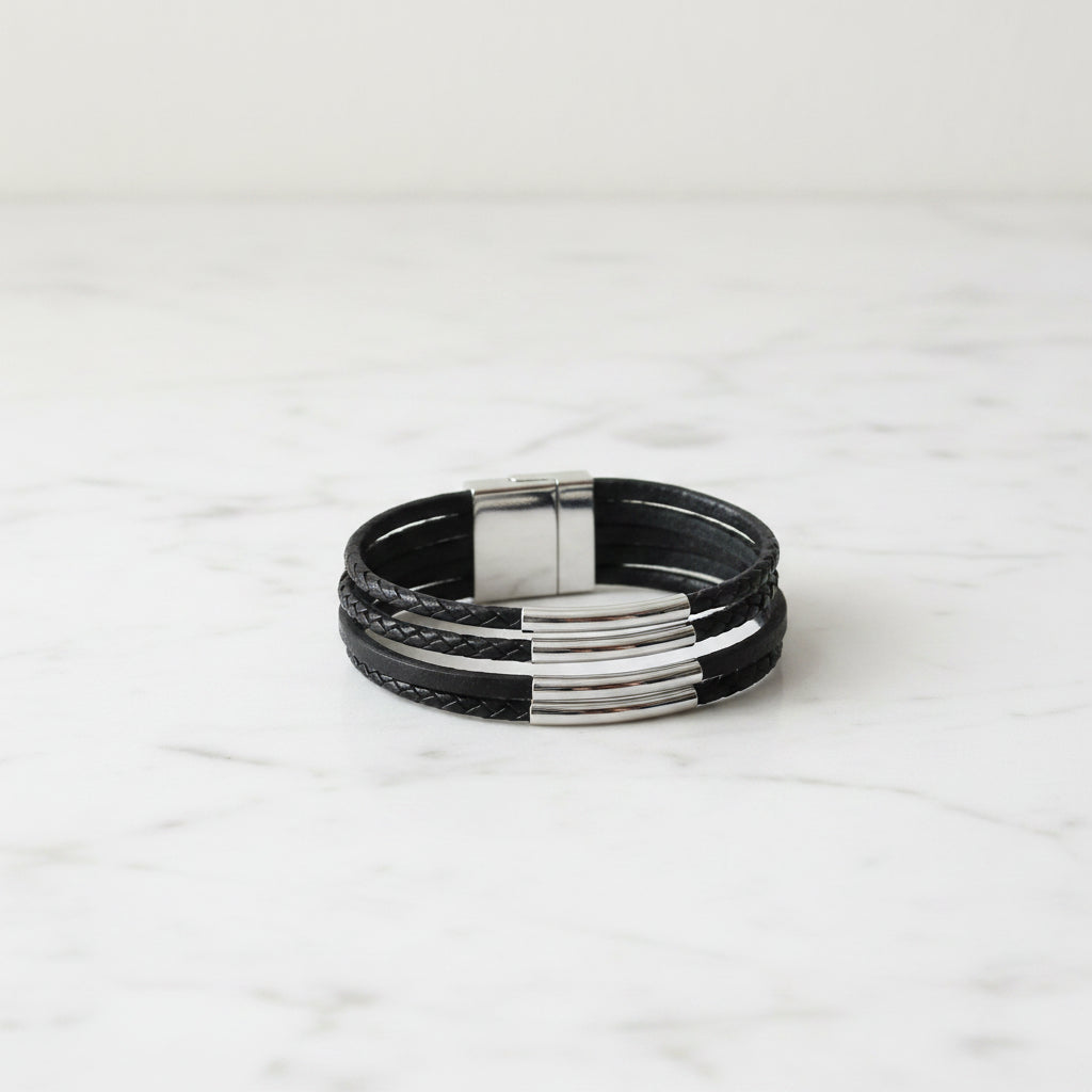 Multi-Strand Black Leather Bracelet with Silver Tube Accents