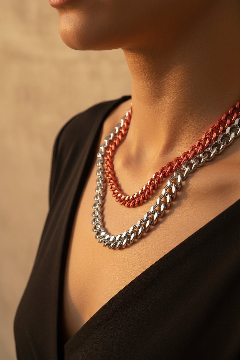 Two-Tone Pink & Silver Curb Chain Necklace with Toggle Clasp