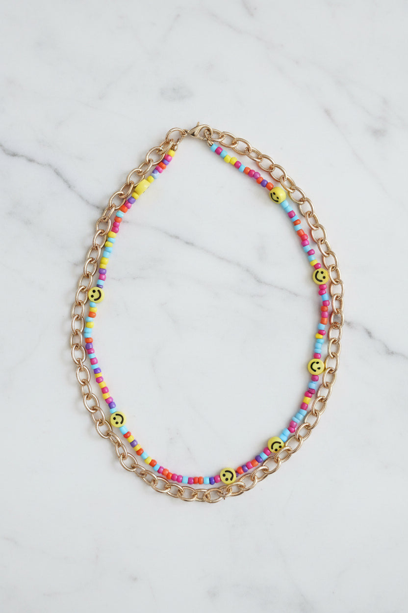 3-Layer Smiley Face Bead & Gold Chain Necklace Set