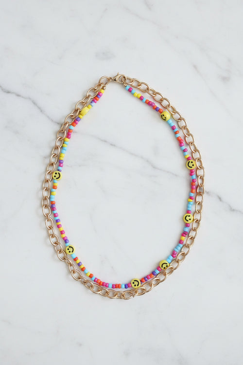 3-Layer Smiley Face Bead & Gold Chain Necklace Set